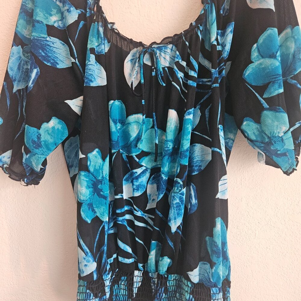 Boho black Blue floral Whimsygoth Tropic gawzy tropical Vacay balloon sleeves M - Picture 2 of 6